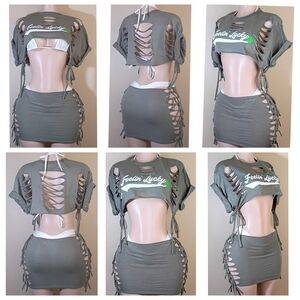 Trendy Gray Lace-Up Skirt Set